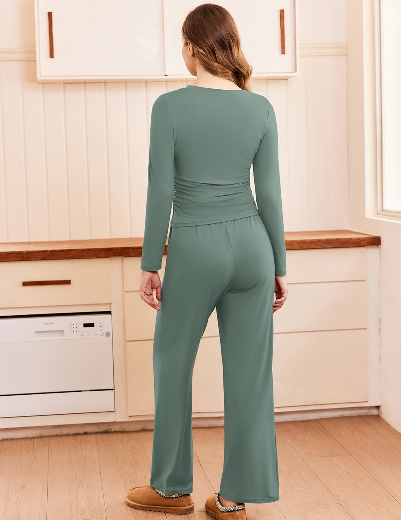 Two-piece ruched top and wide-leg pants set, long-sleeve sage green, back view