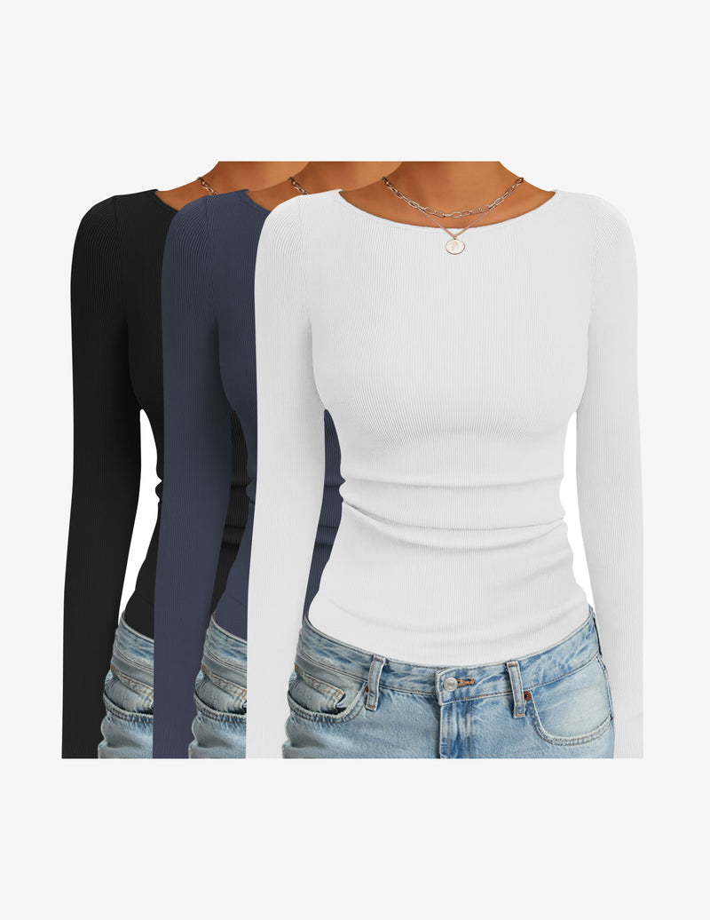 3 Pack Long Sleeve Shirts Boat Neck Ribbed Thermal Undershirts