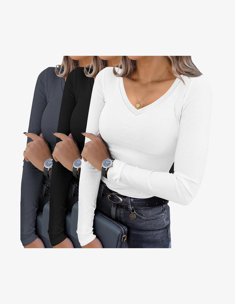 3 Pack Long Sleeve Shirts V Neck Ribbed Slim Fit Basic Tops