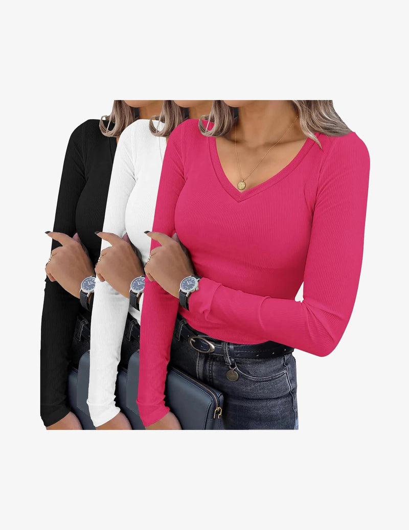 3 Pack Long Sleeve Shirts V Neck Ribbed Slim Fit Basic Tops