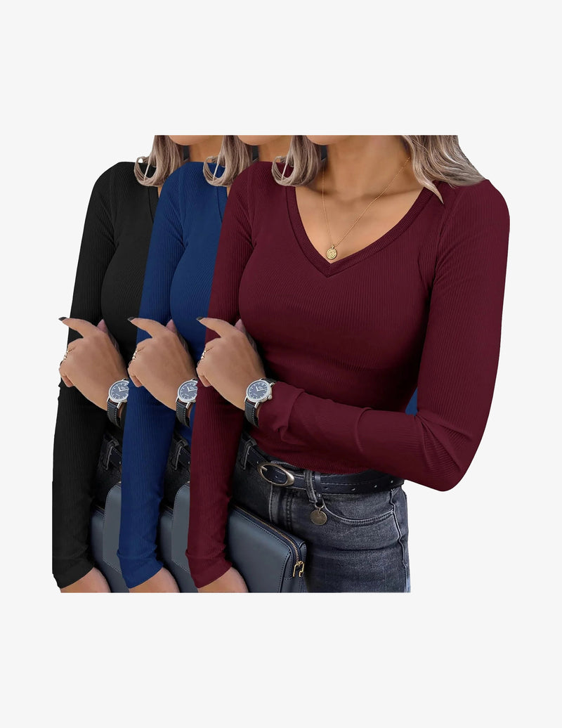 3 Pack Long Sleeve Shirts V Neck Ribbed Slim Fit Basic Tops
