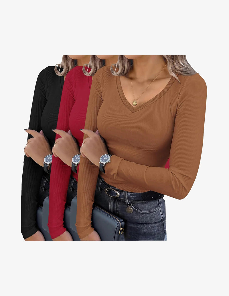 3 Pack Long Sleeve Shirts V Neck Ribbed Slim Fit Basic Tops