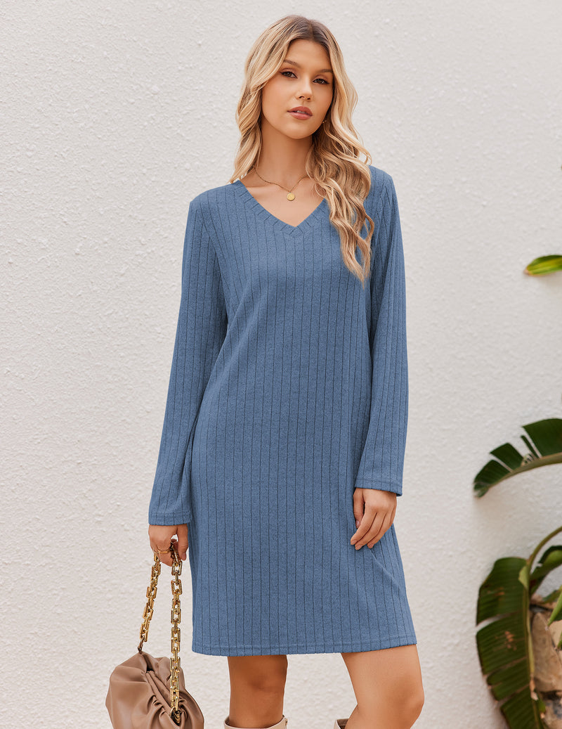 Ribbed Knit V-Neck Long Sleeve Loose Fit Sleep Dress