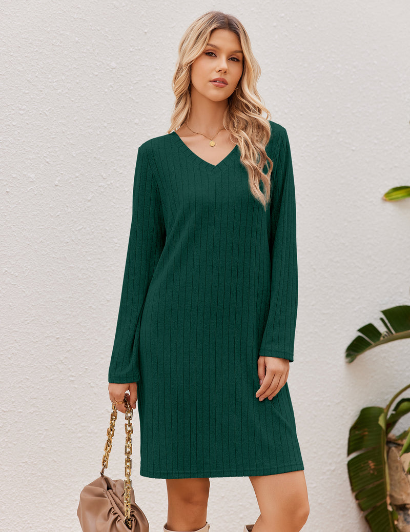 Ribbed Knit V-Neck Long Sleeve Loose Fit Sleep Dress