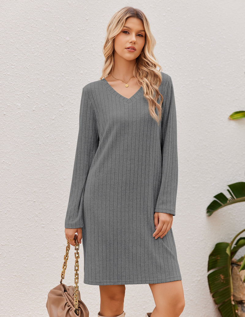 Ribbed Knit V-Neck Long Sleeve Loose Fit Sleep Dress