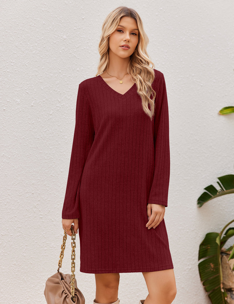 Ribbed Knit V-Neck Long Sleeve Loose Fit Sleep Dress