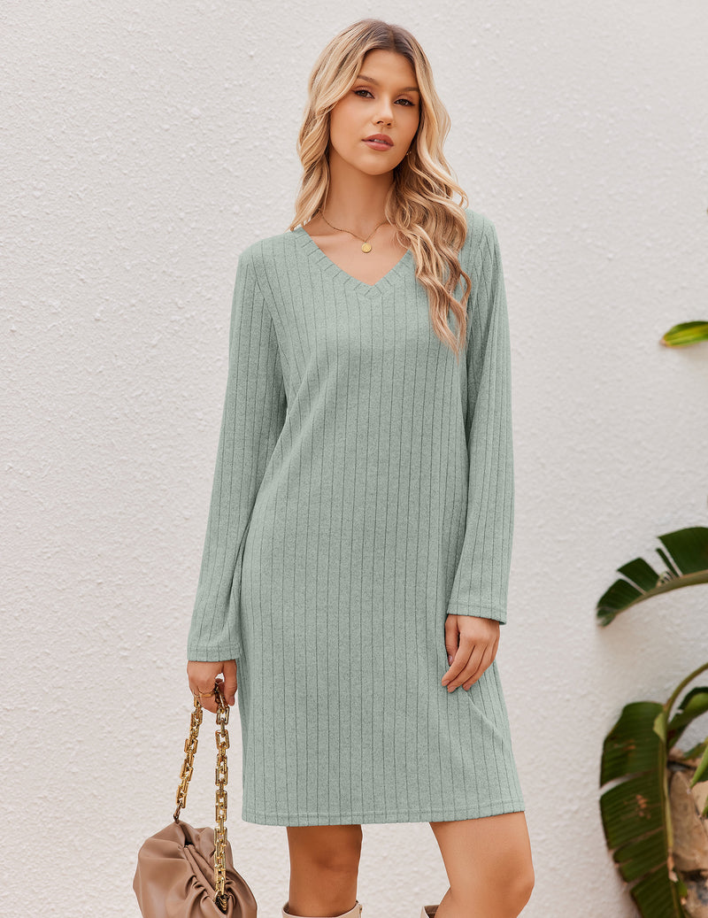 Ribbed Knit V-Neck Long Sleeve Loose Fit Sleep Dress