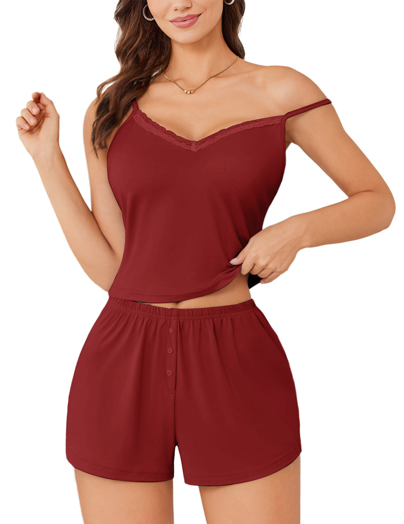 Burgundy lace-trim cami crop top and matching button-front shorts set