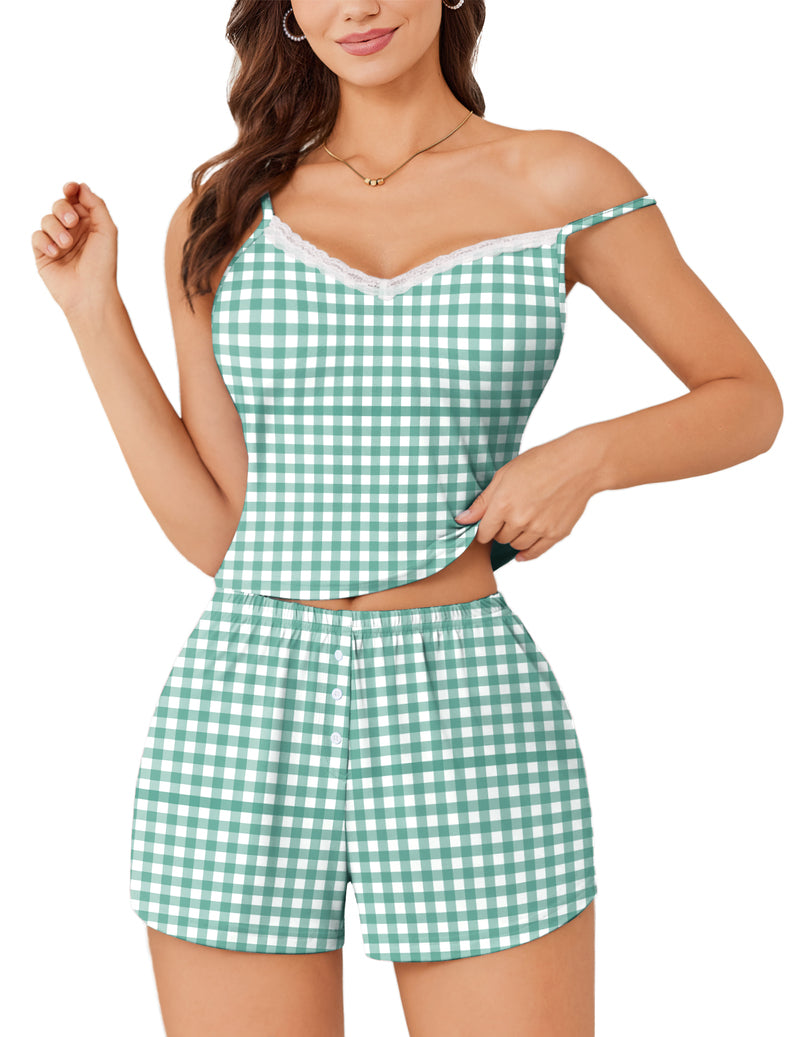 Green gingham lace-trim cami crop top and matching button-front shorts set