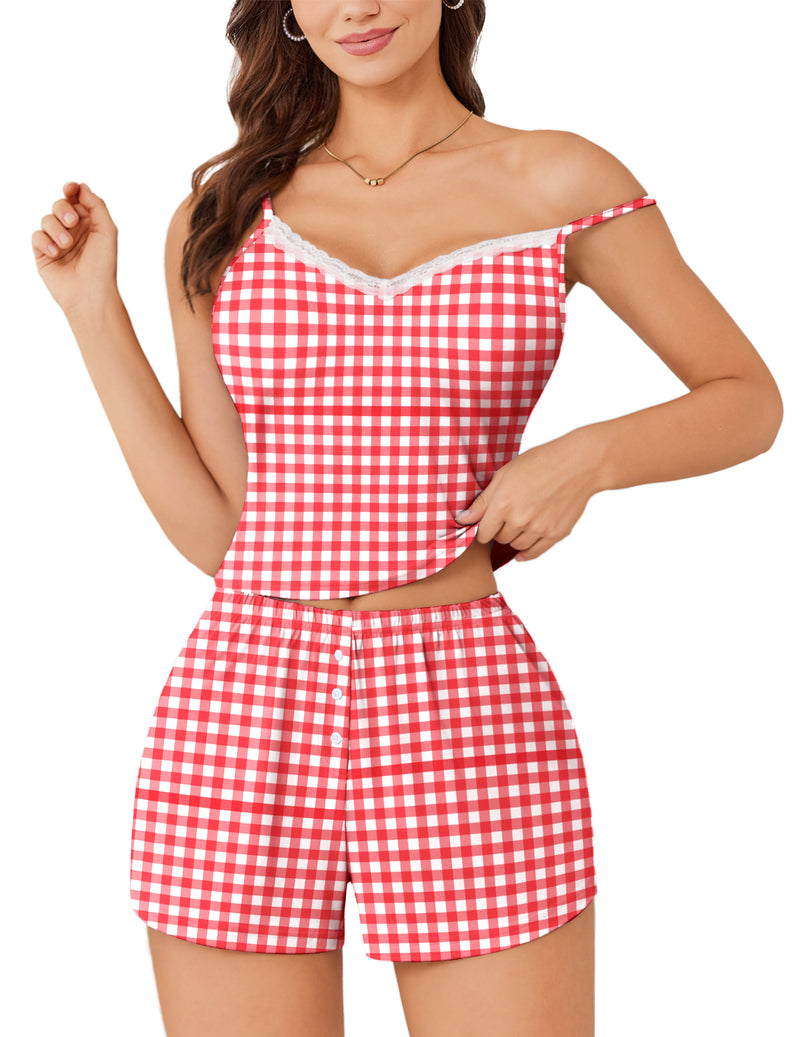 Women's lace-trim cami crop top and shorts set, red and white gingham plaid.