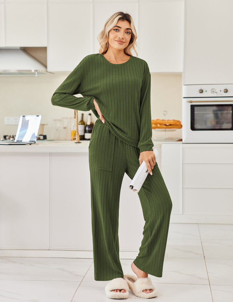 Ribbed Knit Pajama Sets 2 Piece Long Sleeve Pjs Soft Outfits