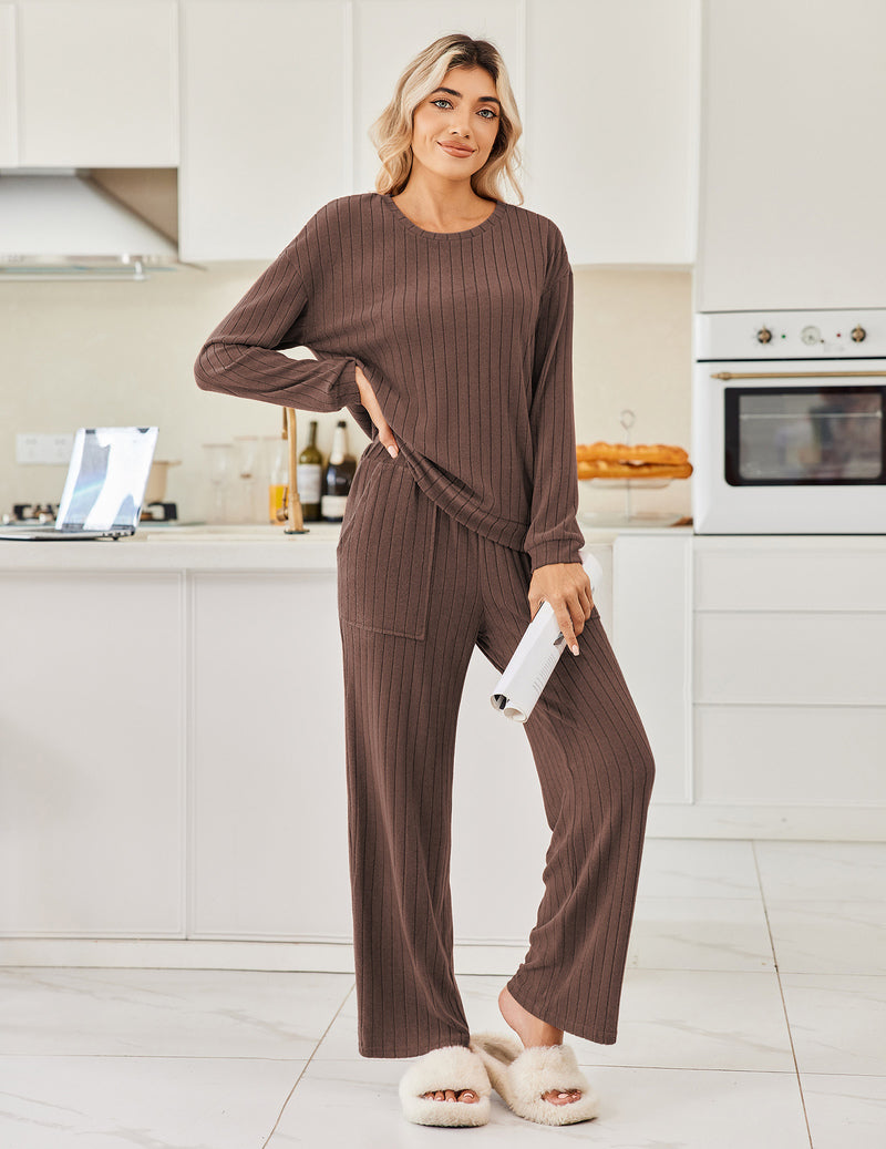 Ribbed Knit Pajama Sets 2 Piece Long Sleeve Pjs Soft Outfits