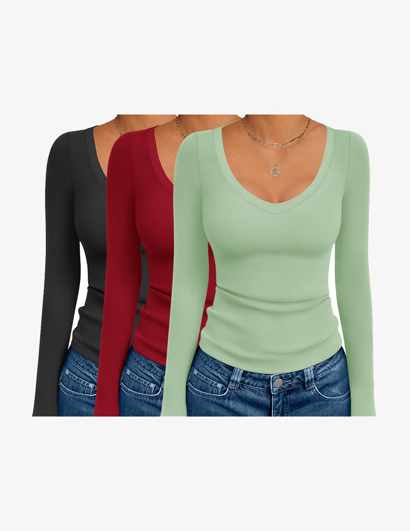 3 Pack Long Sleeve Shirts Deep V Neck Basic Thermal Tops