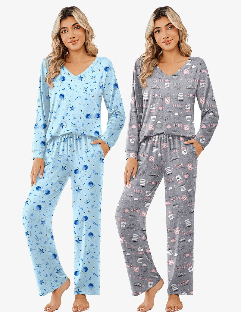2 Pack Pajama Sets Long Sleeve Pajamas Top and Pants