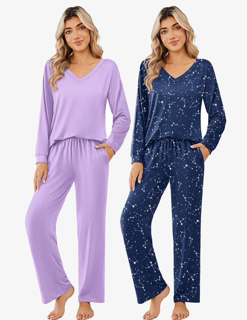 2 Pack Pajama Sets Long Sleeve Pajamas Top and Pants