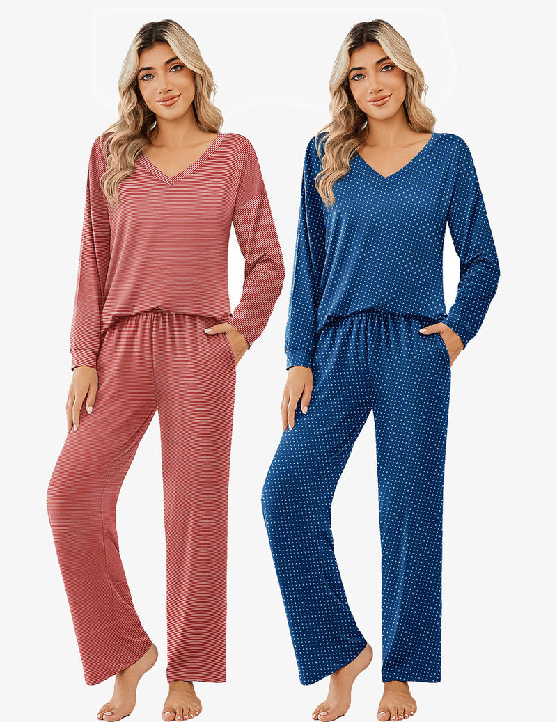 2 Pack Pajama Sets Long Sleeve Pajamas Top and Pants