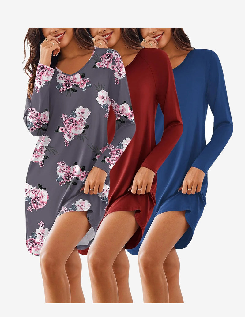 Ekouaer 3 Pack Nightgowns Long Sleeve Sleep Shirts
