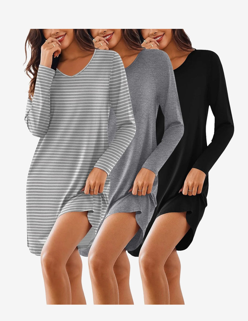 Ekouaer 3 Pack Nightgowns Long Sleeve Sleep Shirts