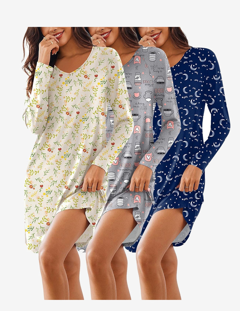 Ekouaer 3 Pack Nightgowns Long Sleeve Sleep Shirts