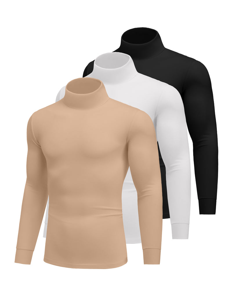 Men's 3-pack lightweight thermal turtleneck tops: beige, white, black.