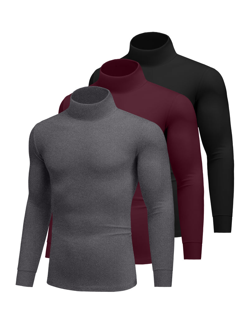 Men's 3-pack lightweight thermal turtleneck tops: gray, burgundy, black.