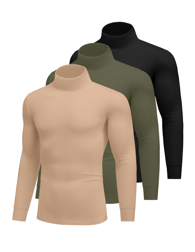 Men's 3-pack lightweight thermal turtleneck tops: tan, olive, black.