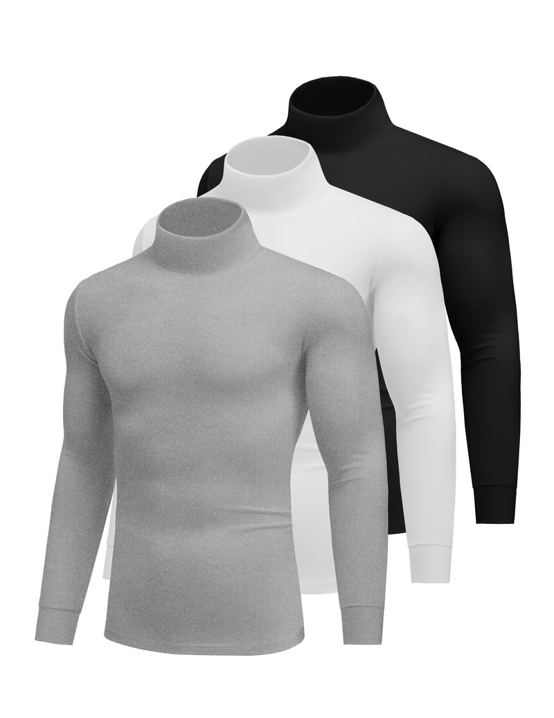 Men's 3-pack lightweight thermal turtleneck tops, gray, white, and black set