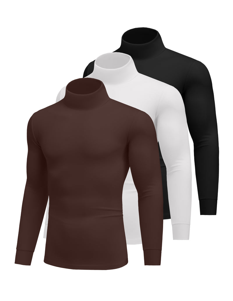 Men's 3-pack lightweight thermal turtleneck tops: brown, white, black.