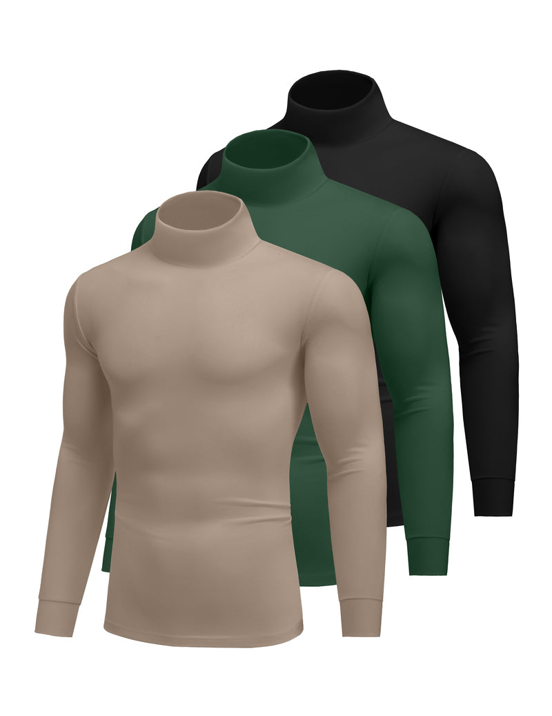 Men's 3-pack lightweight thermal turtleneck tops, khaki, green, and black set