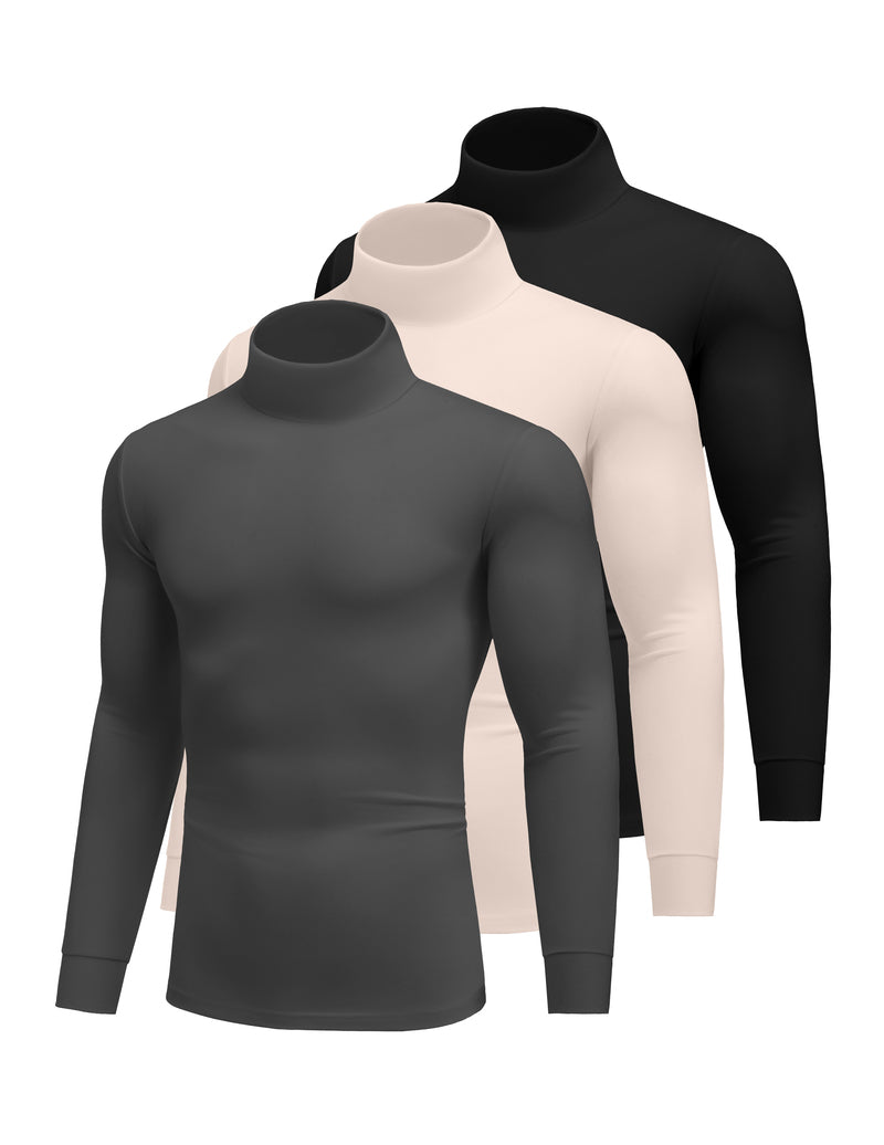 Men's 3-pack lightweight thermal turtleneck tops, beige and black long-sleeve set