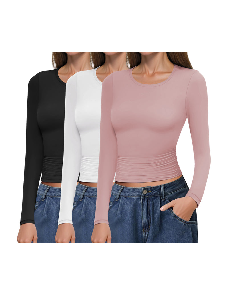 3-pack long sleeve fitted undershirts with ruched sides, black, white, and pink