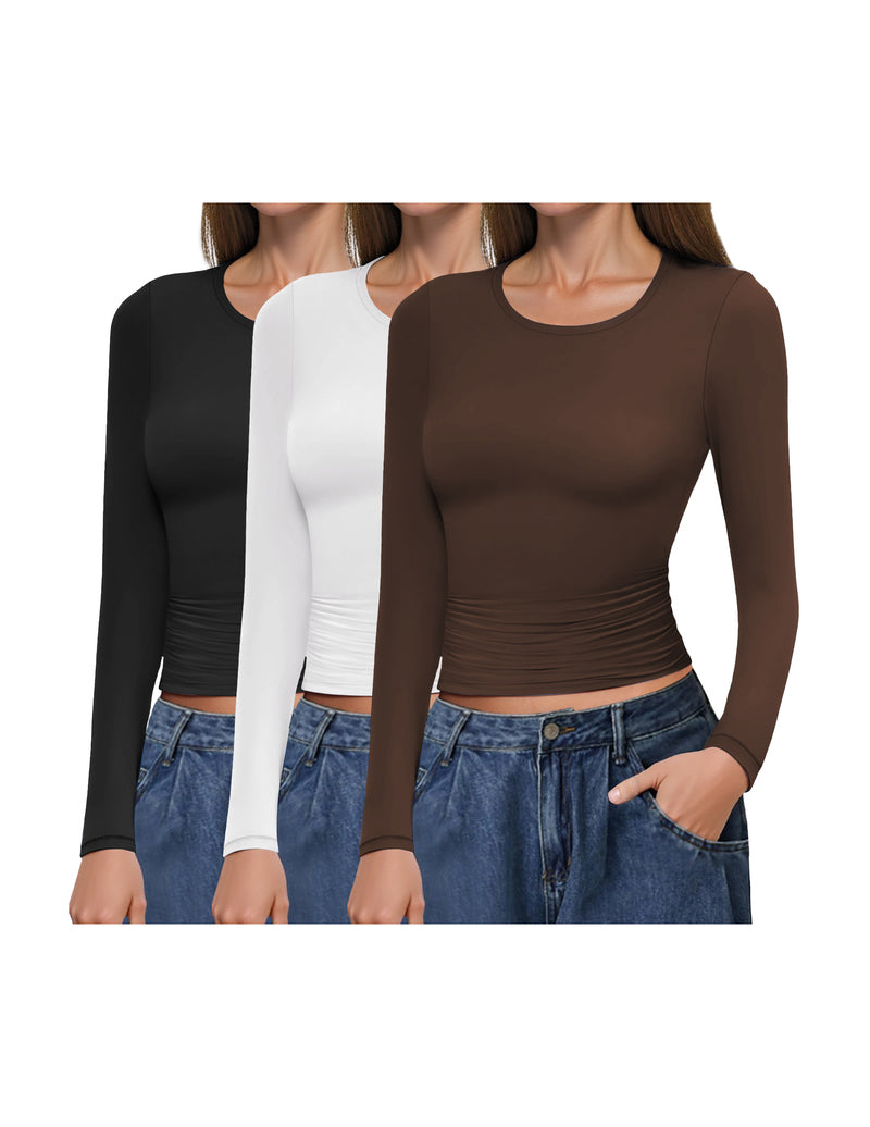 3-pack long sleeve fitted undershirts with ruched sides, black, white, and brown