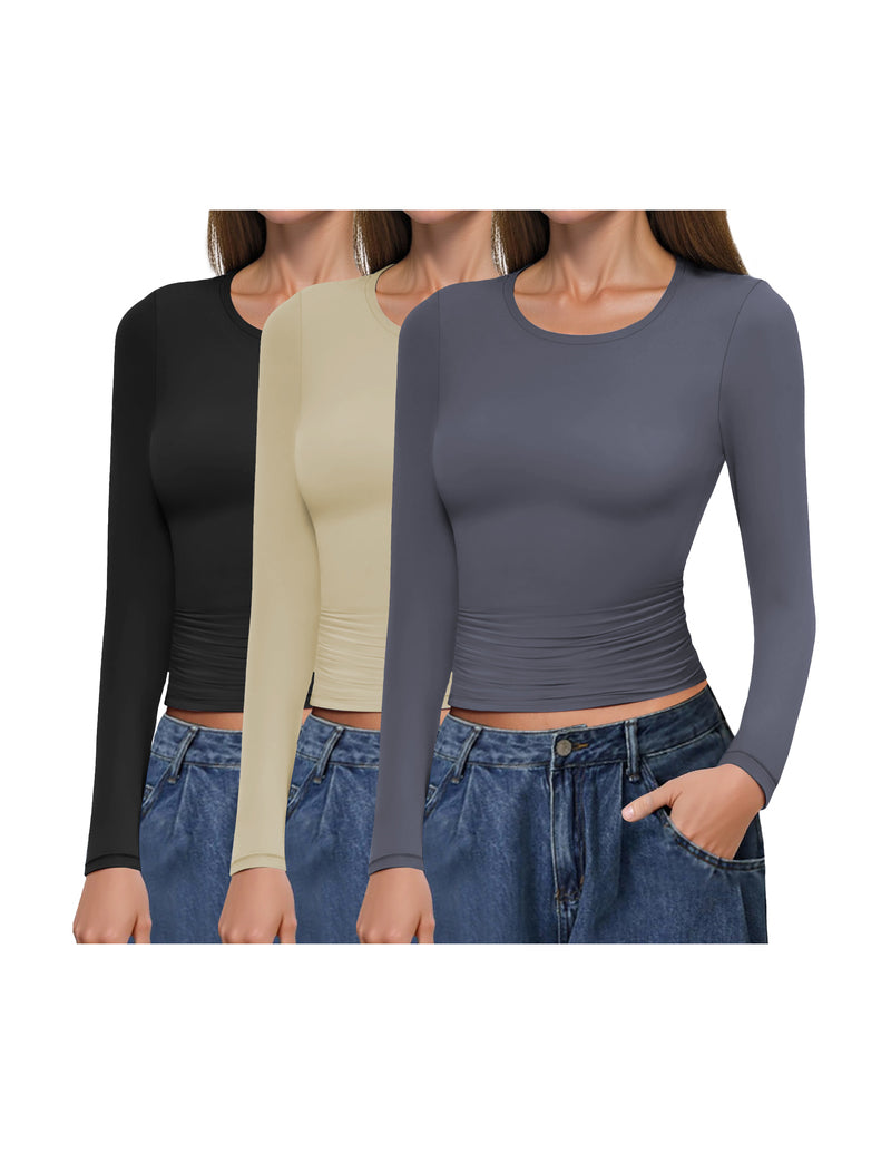 3-pack long sleeve fitted undershirts with ruched sides, black, cream, and gray-blue