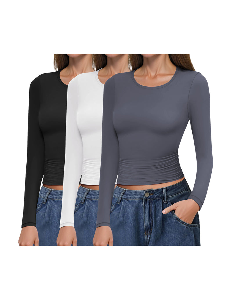 3-pack long sleeve fitted undershirts with ruched sides, black, white, and slate gray