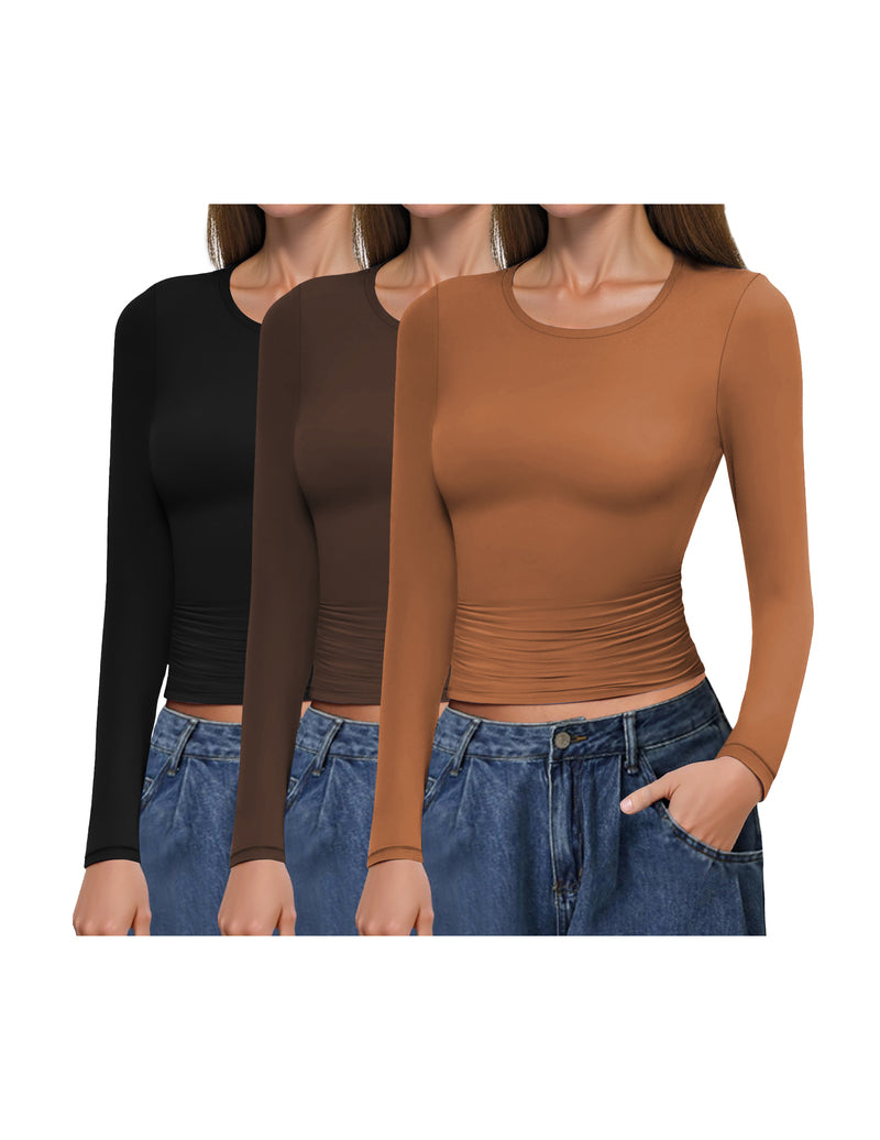 3-pack long sleeve fitted undershirts with ruched sides, black, brown, and caramel