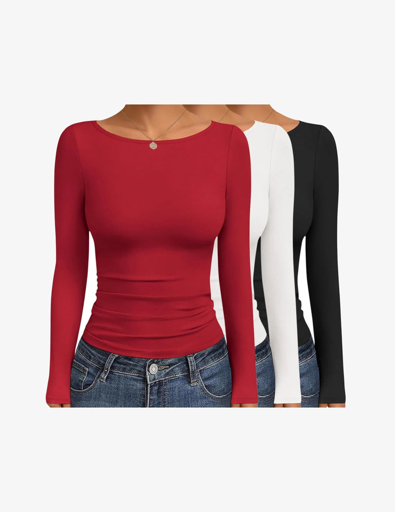 Boat Neck Tops 3 Packs Long Sleeve Shirts Ruched Outfits