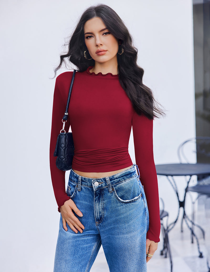 Mock turtleneck thermal long-sleeve top in dark red, fitted with ruched waist
