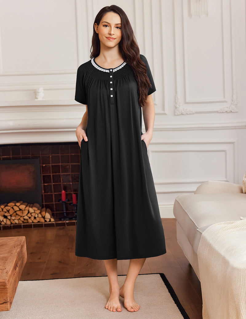 Black short-sleeve mumu button-front nightgown dress with round neckline