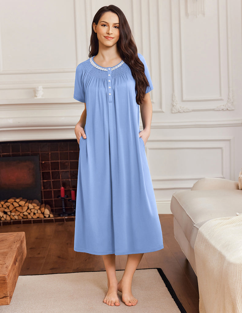 blue nightgown dress Ekouaer Short Sleeve Button Mumu Long with Pockets Color:Merlot With a wavy hemline TextLabel: Iconics Prom Dress Style #24023