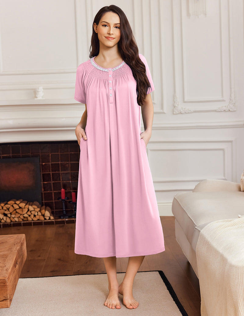 Pink short-sleeve mumu button-front nightgown dress with round neckline