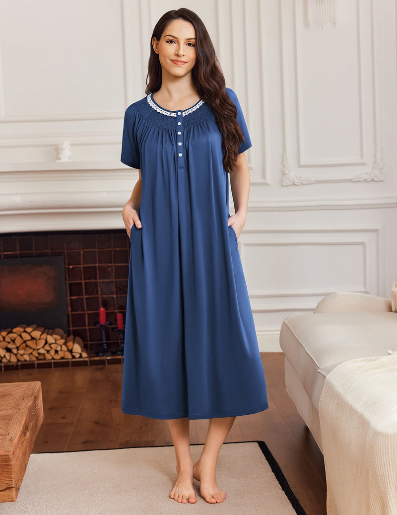 Blue short-sleeve mumu button-front nightgown dress with round neckline