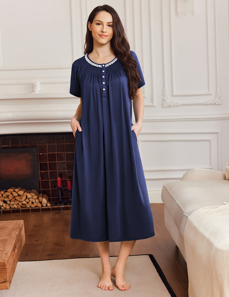 Navy blue short-sleeve mumu button-front nightgown dress with round neckline