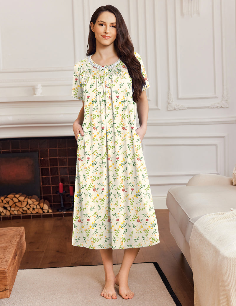 White floral short-sleeve mumu button-front nightgown dress with round neckline