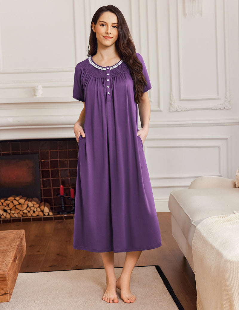 Purple short-sleeve mumu button-front nightgown dress with round neckline