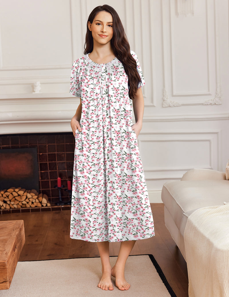 White with pink floral short-sleeve mumu button-front nightgown dress with round neckline