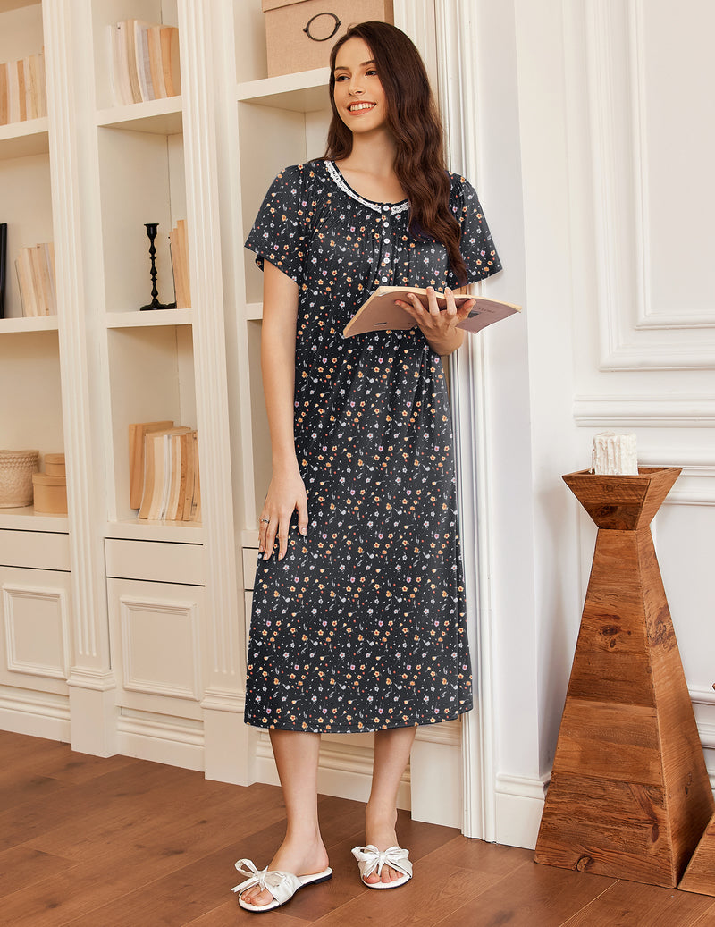 Navy blue floral mumu dress with short sleeves and button front