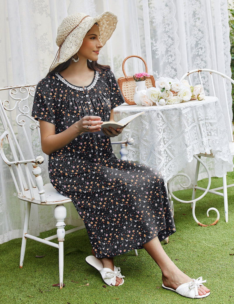 Dark floral mumu nightgown with short sleeves and button front