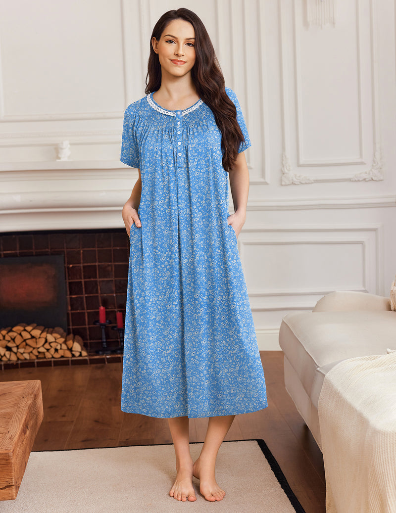 Blue floral mumu dress, short sleeves, button front, side pockets