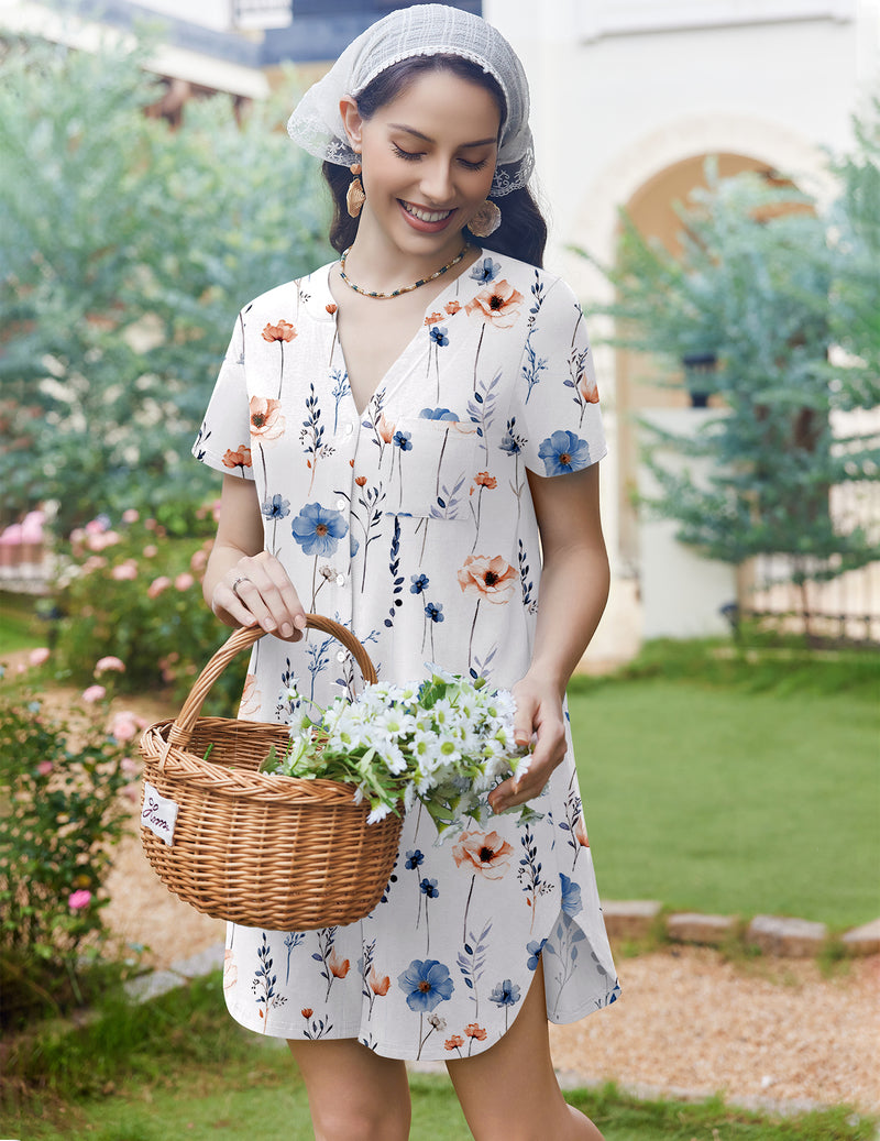 Cotton Sleep Shirt Short Sleeve Button Down Nightshirt Dress