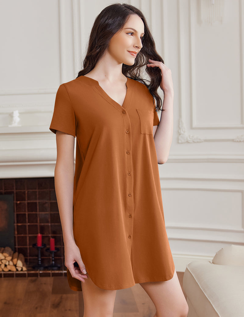 Cotton Sleep Shirt Short Sleeve Button Down Nightshirt Dress